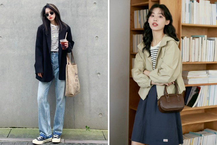 Mix áo thun sọc ngang với áo gió