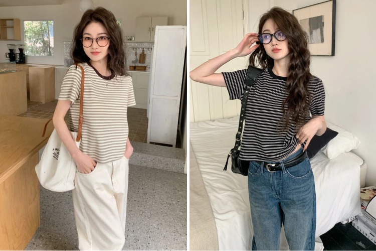 Áo thun sọc ngang với quần jeans