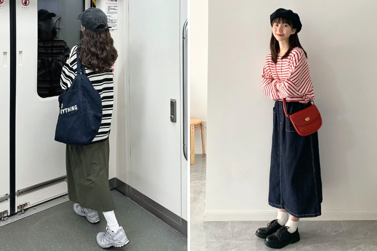 Mix áo thun sọc ngang với chân váy dài