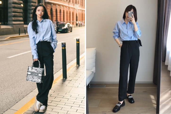 Mix áo xanh dương với quần màu đen thời trang
