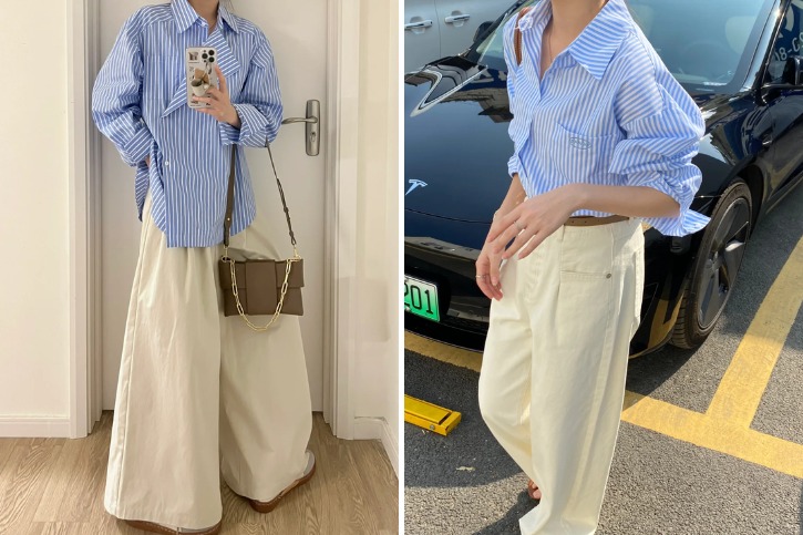 Áo xanh phối với quần màu be phong cách