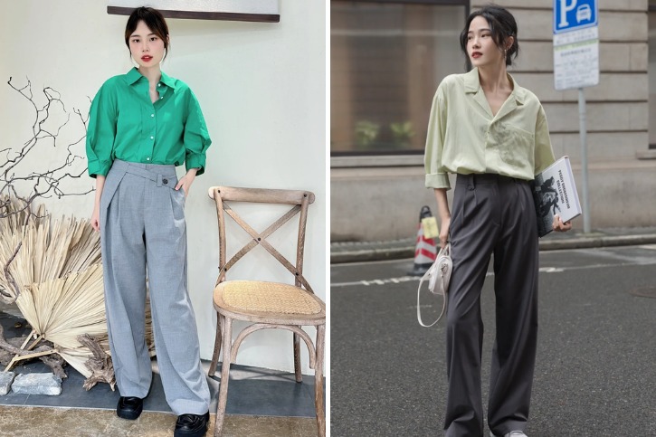 Phối áo xanh lá với quần màu xám phá cách