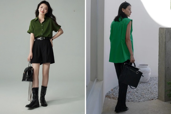 Phối áo xanh lá với quần màu đen