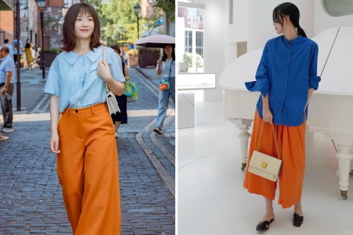 Áo xanh ghép đôi với quần màu cam thời trang