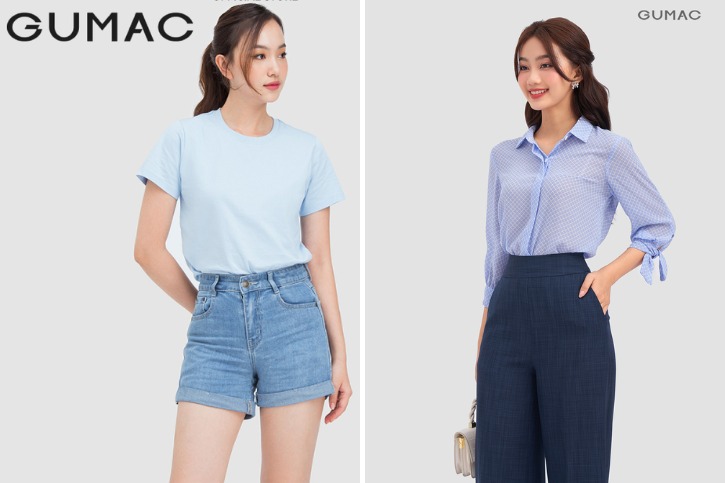 Phối áo xanh dương với quần cùng tone màu