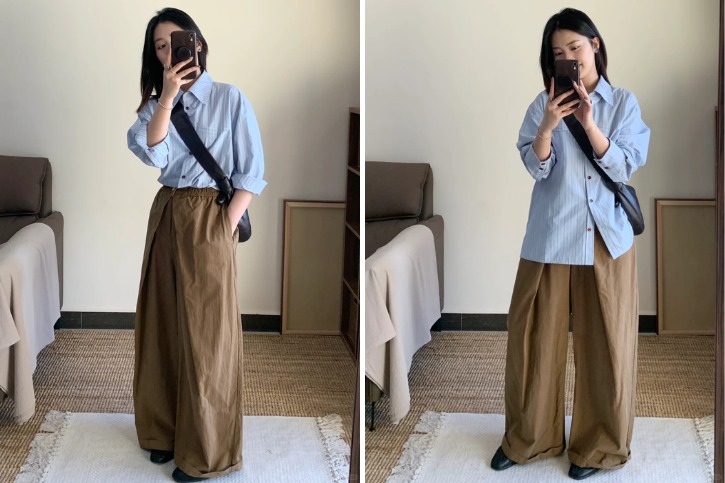 Phối áo xanh với quần màu beige