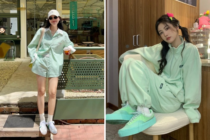 Áo xanh lá mix cùng quần màu xanh