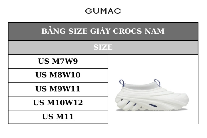 bang size dep crocs nam