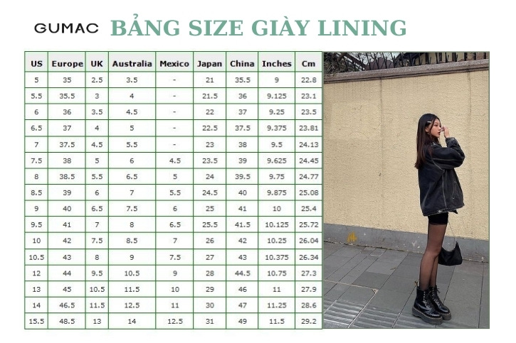 bang size giay lining