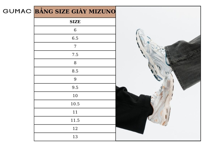 bang size giay mizuno