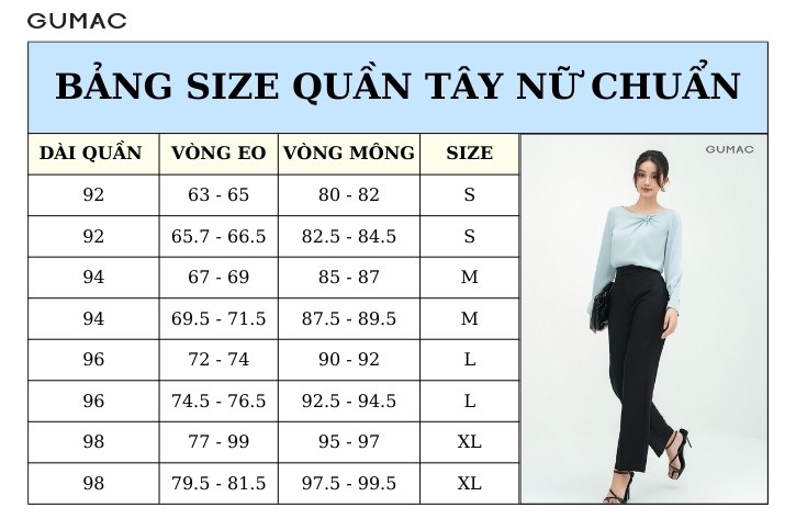 bang size quan nu chuan X M L