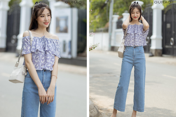 Áo trễ vai với quần jean