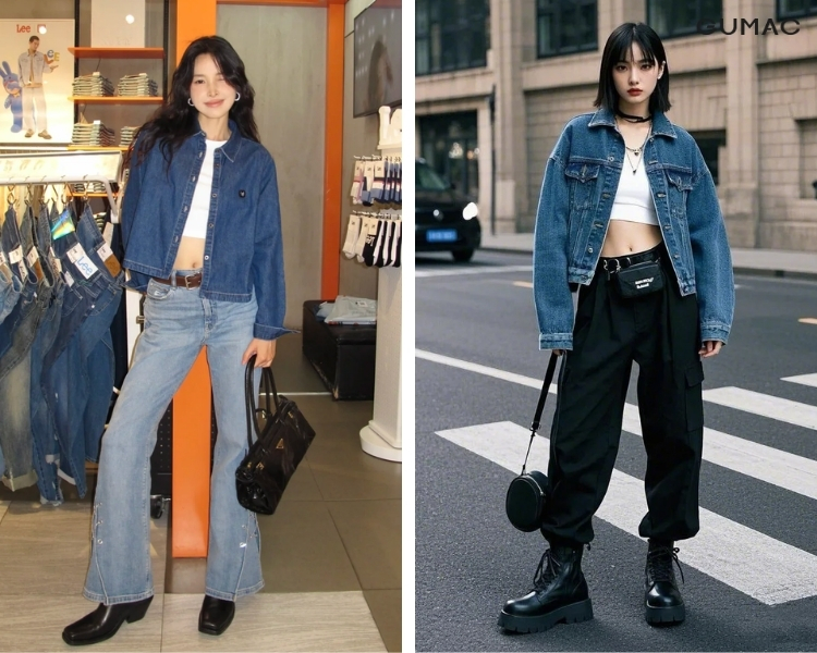 phối croptop với áo khoác jean lửng