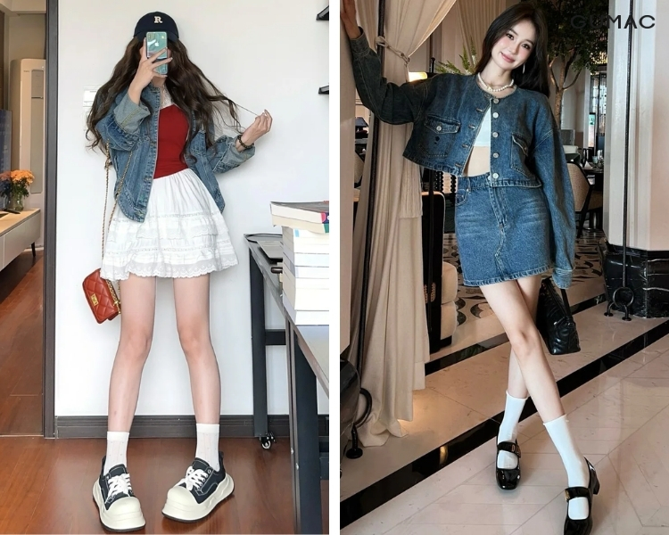 phối áo len với áo khoác jean lửng