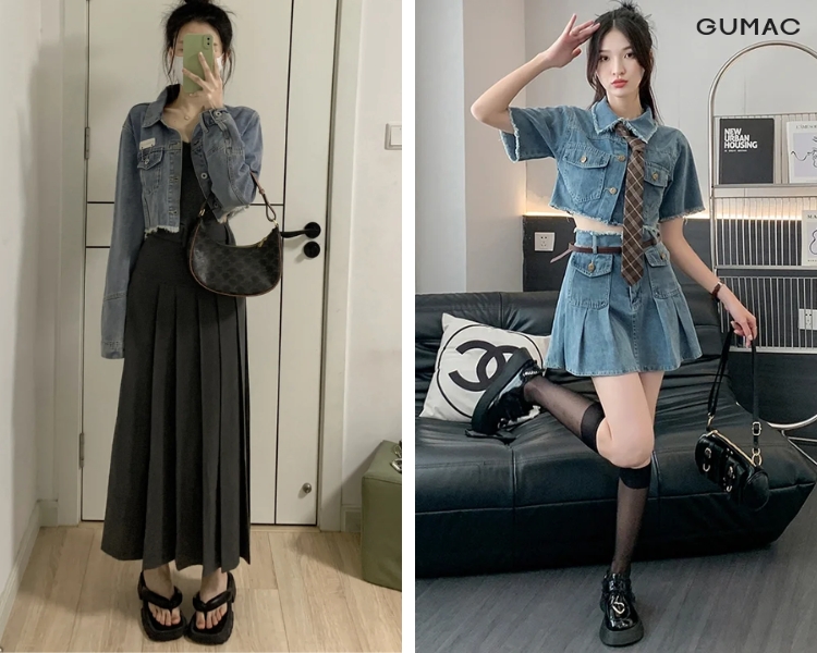 mix áo khoác jean với chân váy xếp ly