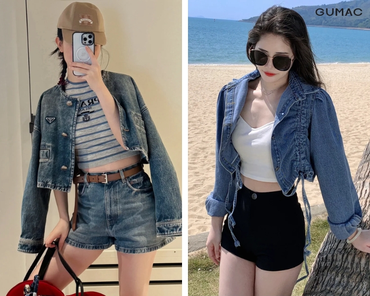quần short phối áo khoác jean lửng