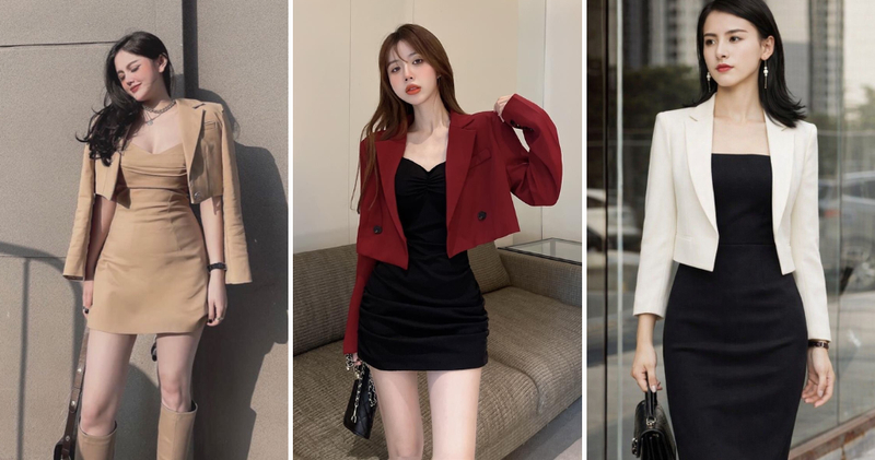 Áo vest nữ ngắn phối đầm body ôm sát gợi cảm.