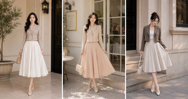 Cách mix đồ với áo vest nữ ngắn và chân váy xòe điệu đà.