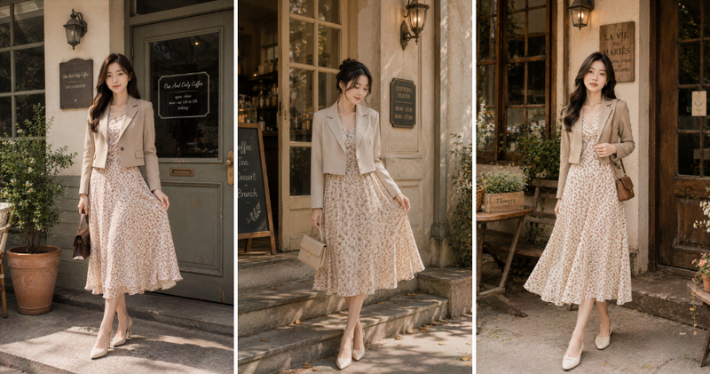 Cách mix đồ với áo vest nữ ngắn cùng đầm hoa nhí vintage.