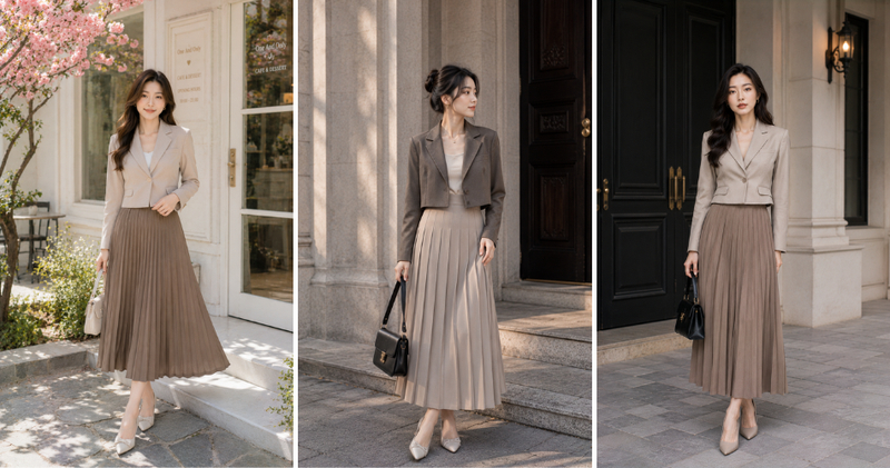 Phối đồ với áo vest ngắn cùng chân váy xếp ly dáng dài ngọt ngào.