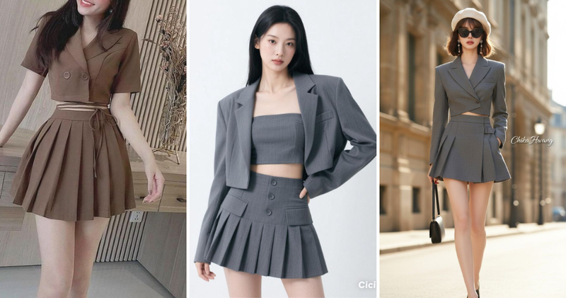 Phối đồ với áo vest ngắn cùng chân váy xếp ly dáng ngắn trẻ trung, ngọt ngào.