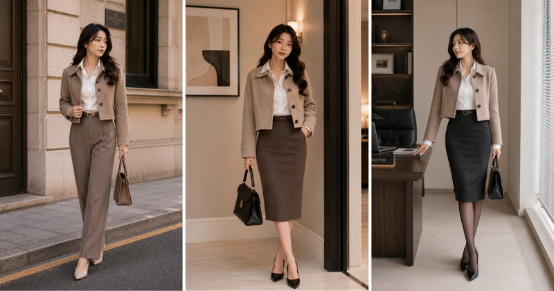 Layer áo khoác dạ ngắn với áo sơ mi dáng ôm mang đến diện mạo trí thức và thanh tao.