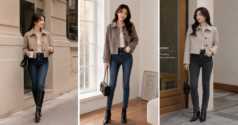 Nếu bạn muốn khoe đôi chân thon gọn, hãy phối với áo dạ ngắn cùng quần skinny jeans.