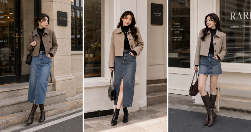 Phối áo dạ dáng ngắn với chân váy jeans mang đến sự khỏe khoắn, bụi bặm.