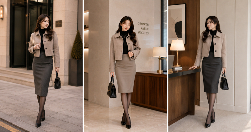 Phối áo dạ ngắn nữ với chân váy bút chì tạo nên một outfit quyền lực và vô cùng thu hút.