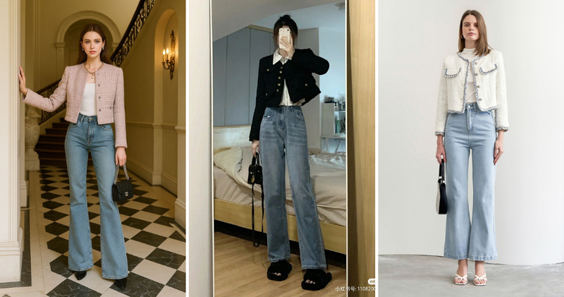 Quần jeans phối cùng áo khoác dạ ngắn trẻ trung, năng động.