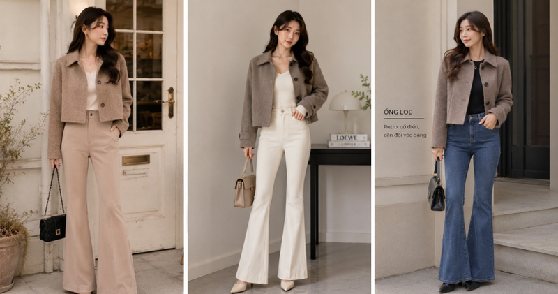 Quần ống loe mang hơi hướng retro, cổ điển, giúp cân đối vóc dáng rất tốt khi kết hợp cùng áo khoác dạ.