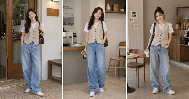 Áo gile cài cúc chất liệu thô/linen phối cùng áo phông trơn và quần baggy jeans mang đến vẻ ngoài đầy năng lượng.