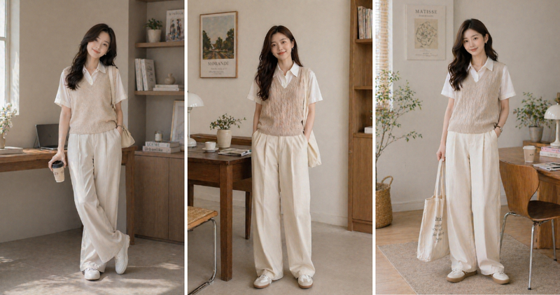 Áo gile dệt kim phối cùng áo sơ mi tay ngắn và quần baggy vải nhẹ nhàng, thư thái.
