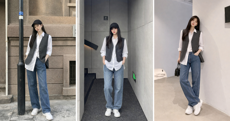 Áo sơ mi tay dài bên trong mix cùng quần jeans tối màu.