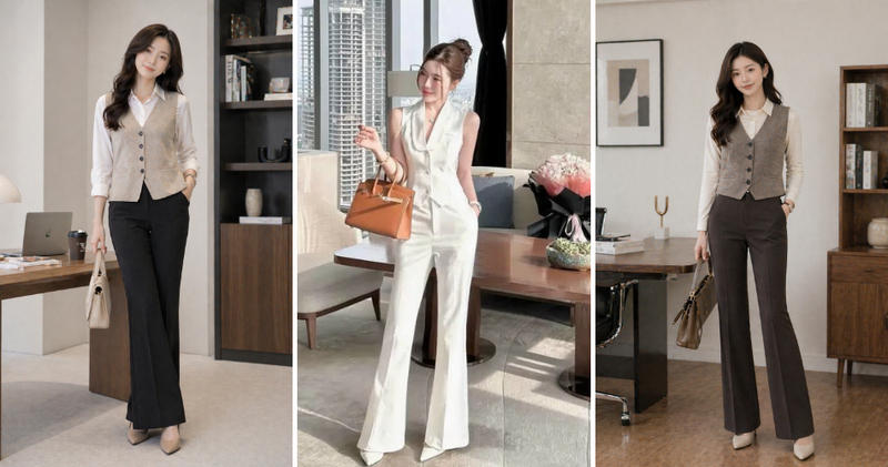 Phối áo gile cùng quần ống loe thanh lịch, hiện đại.