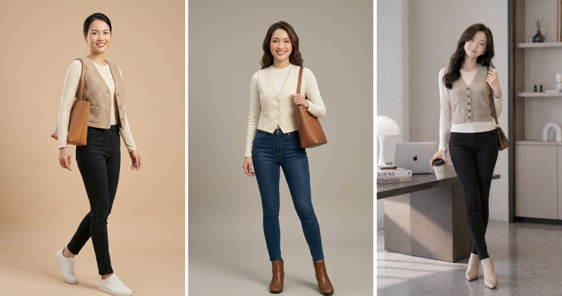 Phối áo gile dáng ngắn ngang eo cùng áo thun tay dài và quần skinny tiện lợi, thanh thoát.