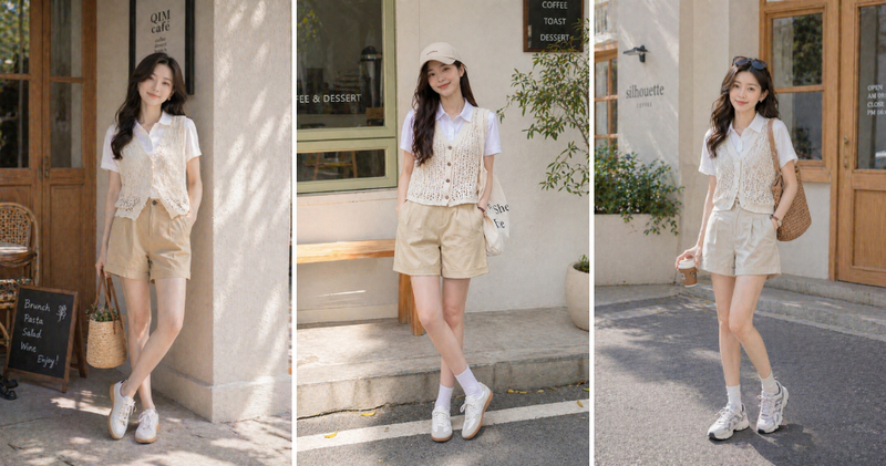 Phối áo gile lưới mỏng hoặc gile đan móc cùng áo thun nữ polo và quần short kaki trẻ trung dạo phố.