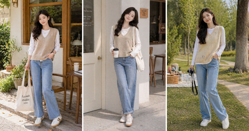 Phối áo gile với quần jeans cơ bản dạo phố cuối tuần.