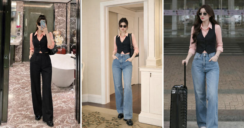 Set đồ công sở trẻ trung với áo sơ mi tay dài mix quần jeans tối màu.