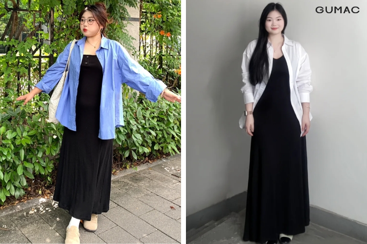nu tinh voi outfit ao so mi ke caro va dam dang dai