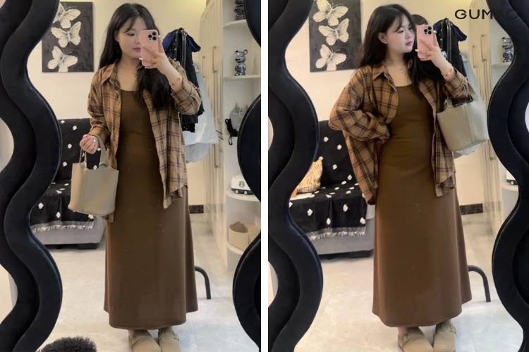 nu tinh voi outfit ao so mi ke caro va dam dang dai