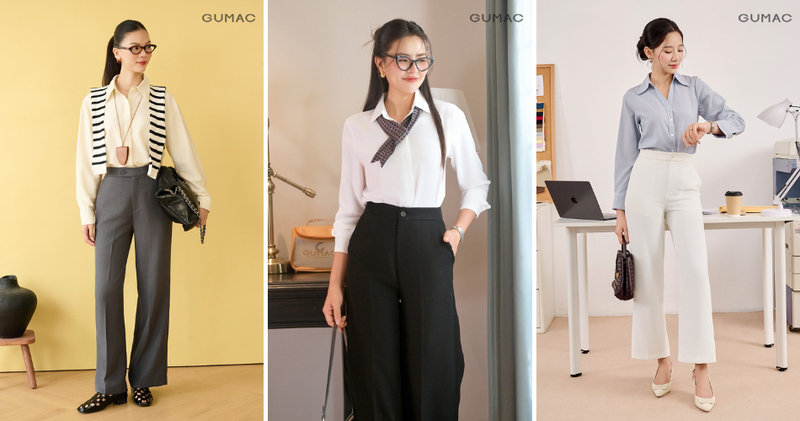 Chọn áo sơ mi form basic màu trắng, kem hoặc xanh nhạt sơ vin gọn gàng cùng quần tây ống suông rộng cạp cao tối giản hiện đại.