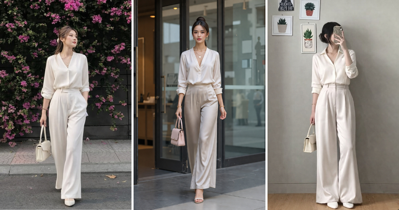 Chọn sơ mi cổ chữ V màu sáng phối cùng quần lụa ống rộng trung tính dịu dàng, thanh thoát.