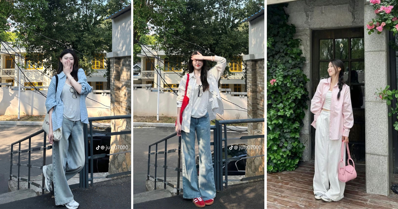 Chọn sơ mi oversize màu trắng, xanh pastel hoặc kẻ sọc mảnh, buông mở tự nhiên phía ngoài áo trong và quần jeans phóng khoáng hiện đại.