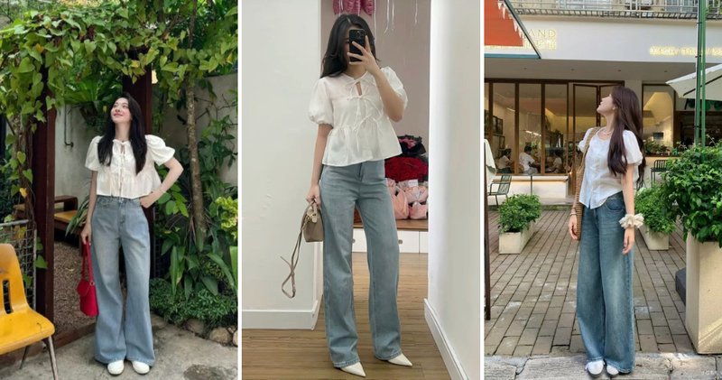 Chọn sơ mi tay bồng màu trắng, kem hoặc pastel phối cùng quần jeans ống rộng cạp cao nữ tính.