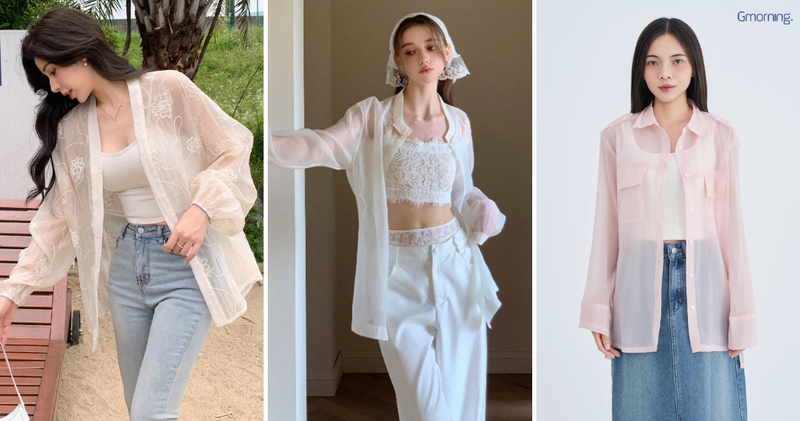 Chọn sơ mi voan hoặc ren mỏng màu trắng, kem hoặc pastel phối cùng áo hai dây bên trong và quần ống rộng nhẹ nhàng, nữ tính.