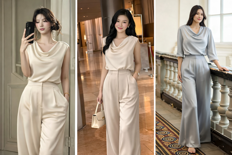 Diện sơ mi cổ đổ màu kem, trắng ngà, nâu nhạt hoặc xanh khói cùng quần lụa đồng tông để tạo cảm giác tối giản sang trọng.