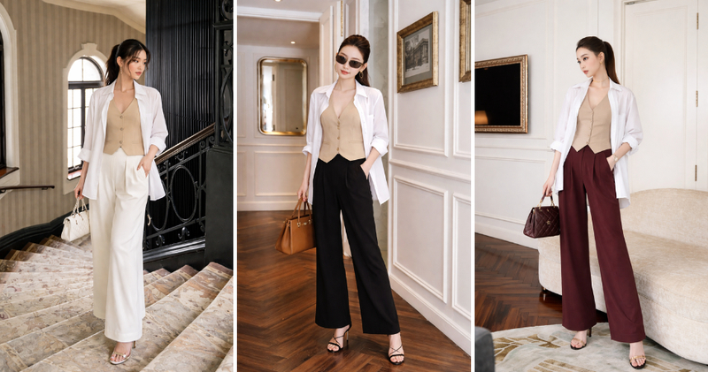 Dùng vest sát nách hoặc gile có đường nét rõ phom để phối cùng sơ mi mặc ngoài và quần ống rộng đen, be hoặc ghi độc đáo, cá tính.