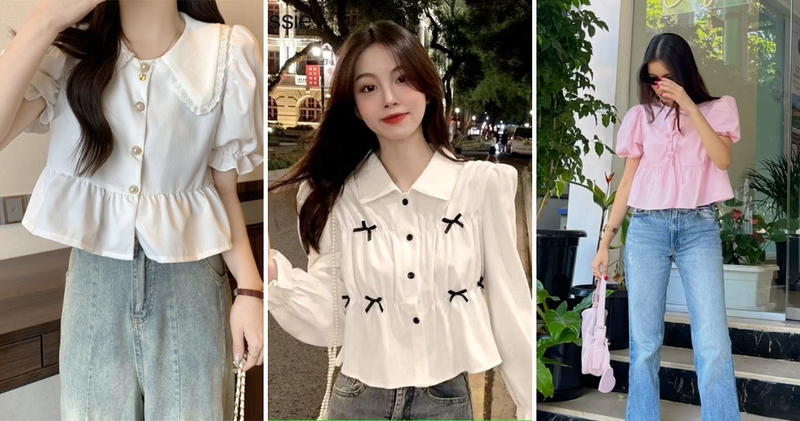 Nàng có thể chọn sơ mi tay bồng có họa tiết nhỏ, phối với quần jeans ống rộng để tổng thể có điểm nhấn.