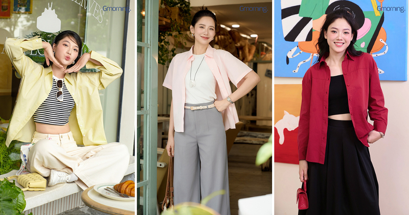 Nàng diện áo croptop bên trong, để sơ mi khoác ngoài mở hết cúc và xắn tay cá tính.